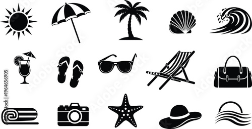 Black silhouette icons of beach and summer objects isolated on transparent background