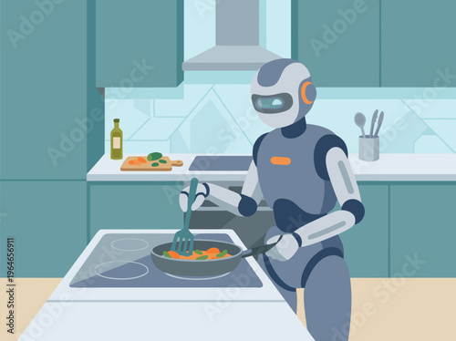 Robot cooking in a modern kitchen.