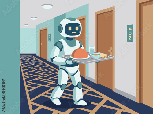 Robot delivering food in a hotel hallway.