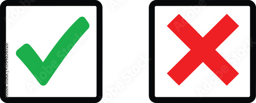 A graphic representation of a green check mark and a red x mark inside two separate black squares. Vector