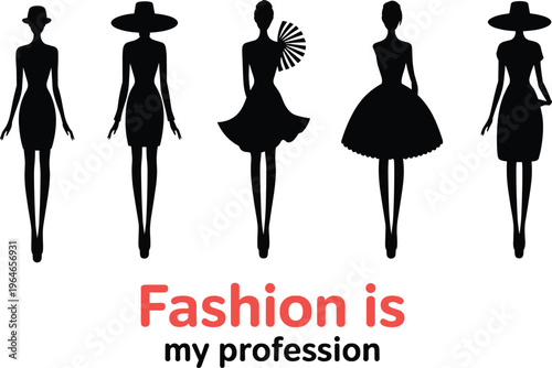 Five female silhouettes in fashionable dresses and hats showcasing diverse styles and poses representing the of fashion and haute couture
