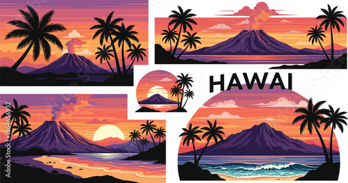 Hawaiian Volcanic Landscapes with Palm Trees, Featuring Stunning Sunsets, Lava, and Ocean Views