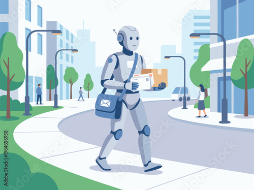 Robot delivering package on city street.