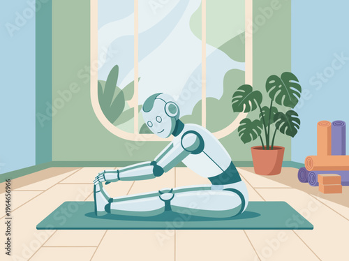 Robot doing yoga in a bright room.