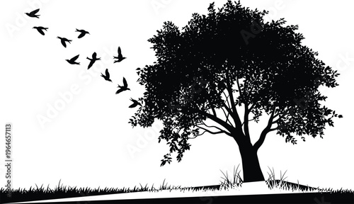 Silhouette of a large deciduous tree with a flock of birds flying away against a white background