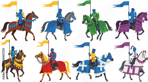 Medieval Knights on Horses Vector Set with Armor, Shields, Flags and Heraldic Costumes for Historical Battle Scenes, Fantasy Design and Game Illustrations
