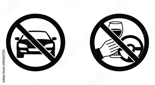 No driving under influence and no alcohol allowed while operating vehicles, safety regulation notice, anti drunk driving symbol, prohibition icon with alcohol and car