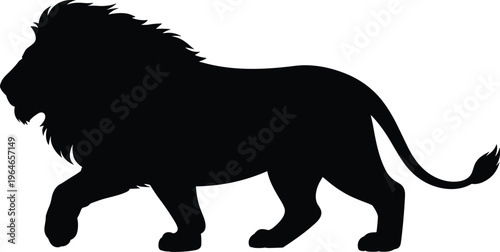 Silhouette of a male lion walking with its head held and mane flowing, representing power and the African savanna wildlife