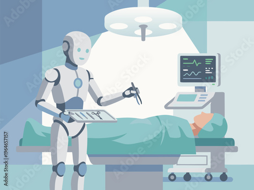 Robot surgeon performing operation on patient in operating room with medical equipment.