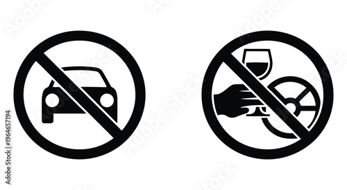 No driving under influence and no alcohol allowed while operating vehicles, road safety warning sign, prohibition symbol for drunk driving, responsible driving concept, traffic regulation and accident