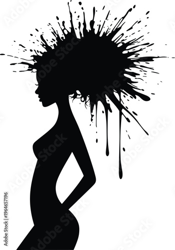 Silhouette of a woman with an explosive abstract hairstyle made of ink splatters and drips female
