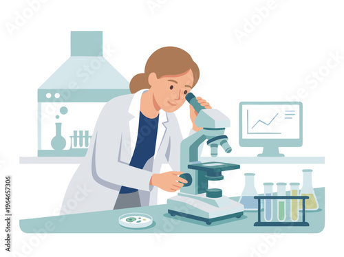 Scientist examining sample under microscope in laboratory.