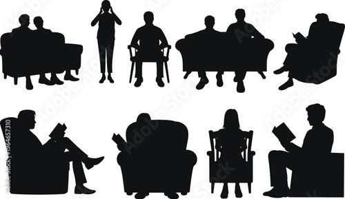 Silhouettes of people relaxing and reading books in various seating positions on sofas and chairs