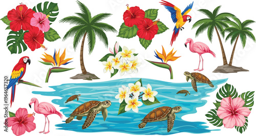 Tropical Paradise with Hibiscus Flowers, Flamingos, Parrots, Turtles, and Exotic Plants by the Water