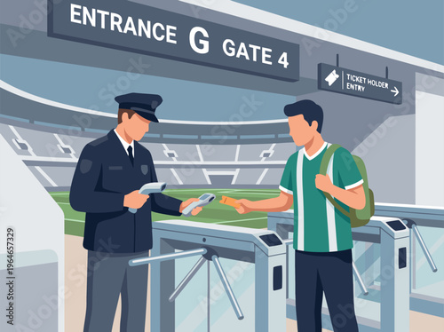 Security guard checking ticket at stadium entrance gate.