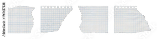 Set of four torn perforated graph paper fragments on transparent background