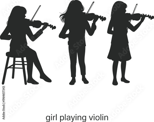 Silhouettes of three young girls playing the violin in various poses one seated on a stool and two standing showcasing musical talent and dedication to learning the instrument