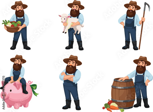 Farmer Character Vector Set with Agricultural Activities, Holding Pig, Goat, Vegetables, Barrel and Farming Tools for Rural Lifestyle and Agriculture Design