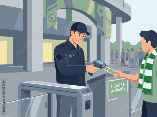 Security guard scanning ticket at stadium entrance.