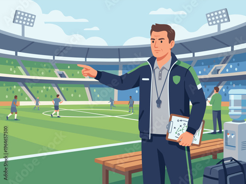 Soccer Coach Directing Team on Stadium Field.