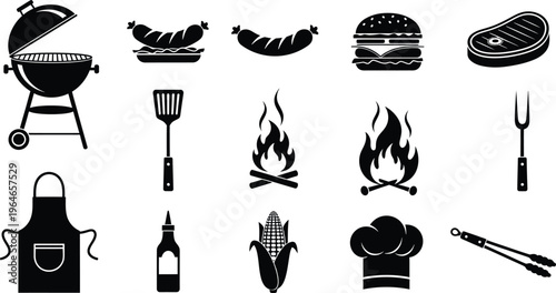 Silhouette of barbecue and food items isolated on transparent background