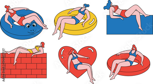Women Relaxing on Inflatable Floaties Vector Set with Pool, Beach and Summer Leisure Poses for Vacation Lifestyle, Holiday Design and Recreation Illustrations