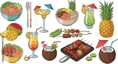 Tropical Fruits, Grilled Skewers, and Refreshing Drinks, Featuring Mango, Pineapple, Coconut, and BBQ Dishes