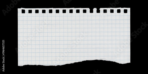 Torn perforated graph notebook paper sheet with rough bottom edge on black background