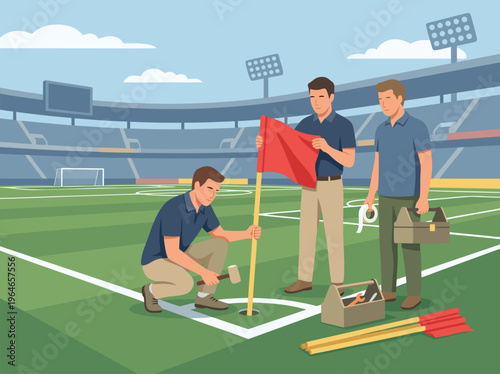 Soccer Field Maintenance Crew Setting Up Corner Flag.