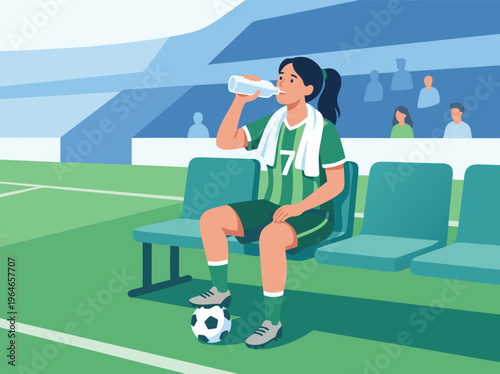 Soccer player resting and drinking water on the bench.