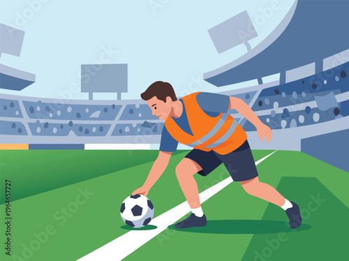 Soccer player retrieving ball on stadium field.