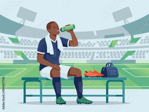 Soccer Player Resting on Bench with Water Bottle.