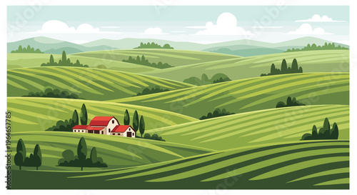 Green Rolling Hills Vector Landscape with Farmhouse. Idyllic Countryside Scene with Cultivated Fields and Distant Mountains.