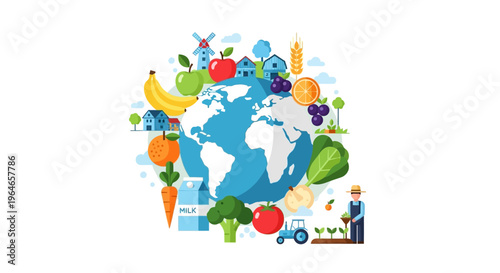 Sustainable Global Food Production and Healthy Eating Concept. Earth Surrounded by Fresh Produce, Farm Elements, and Agricultural Icons. Flat Design Illustration.