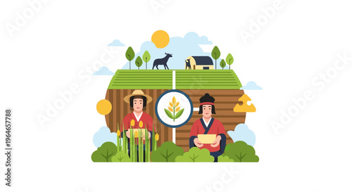 Traditional Asian Agriculture: Farmers Cultivating Crops in Terraced Fields with Farm Animals & Rural Landscape