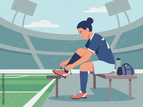 Soccer player tying shoelaces on stadium bench.