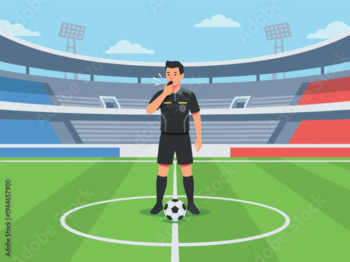 Soccer referee blowing whistle on field with ball.