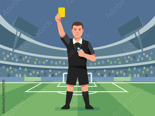 Soccer Referee Showing Yellow Card on Field.