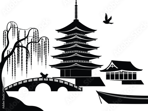 asian temple, pagoda, and bridge silhouette landscape