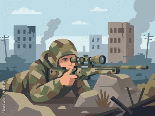 Soldier aiming sniper rifle in war zone city.