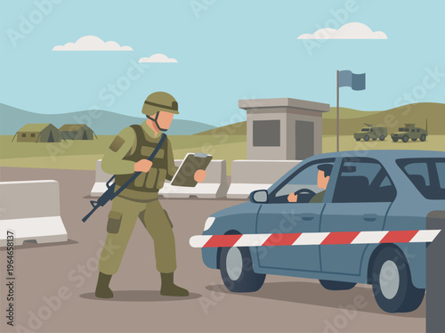 Soldier at checkpoint inspecting a car.