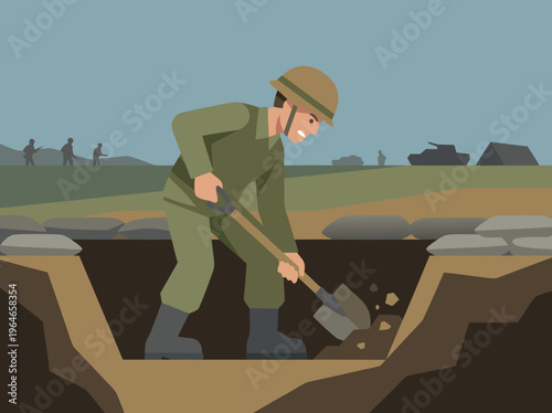 Soldier Digging Trench in Wartime Landscape.
