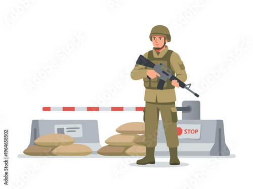 Soldier guarding checkpoint with sandbags and barrier.