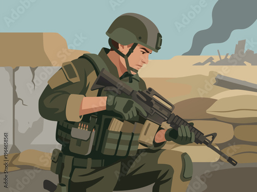 Soldier in Combat Gear Holding Rifle in Desert Environment.