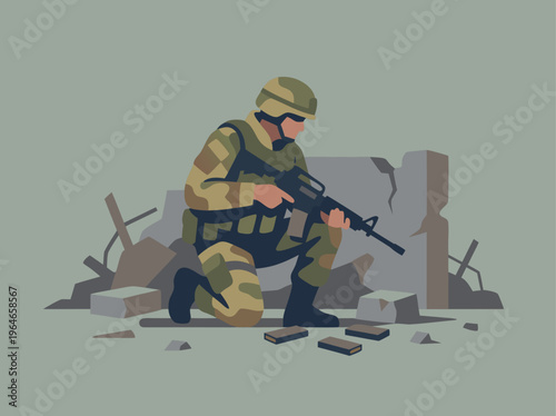 Soldier in camouflage uniform kneeling with assault rifle amidst rubble.