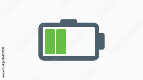 Minimalist battery level icon with green charging bars, flat vector power status indicator, energy storage symbol for mobile interface design