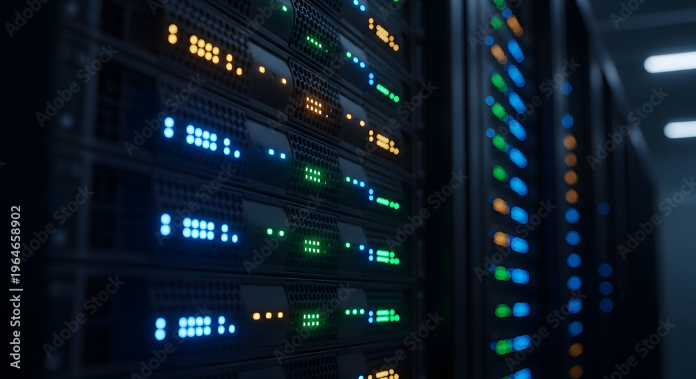 Naklejka premium Rows of computer server racks with colorful indicator lights in a data center.