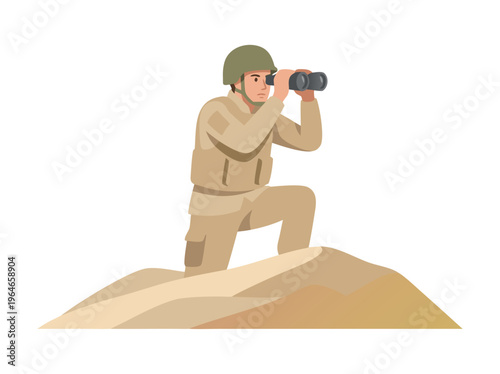Soldier with binoculars on a sandy hill.