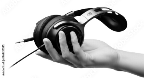 Halftone hand holding headphones vector illustration audio music technology concept