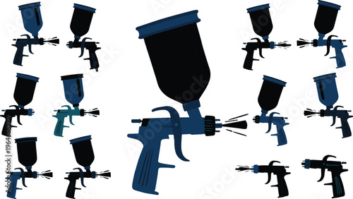 Spray paint gun icons set airbrush tool equipment automotive painting vector illustration collection isolated design